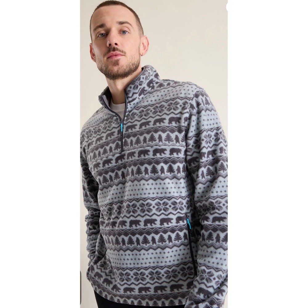 Chubbies Mens Small Fleece Quarter Zip Pullover Bear Fair Isle Grey Charcoal.